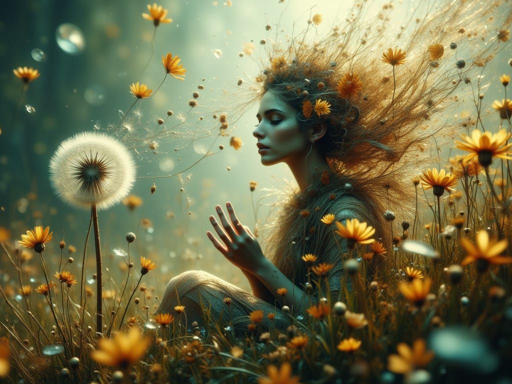 Surreal Fairy with Dandelion in Matte Painting Style