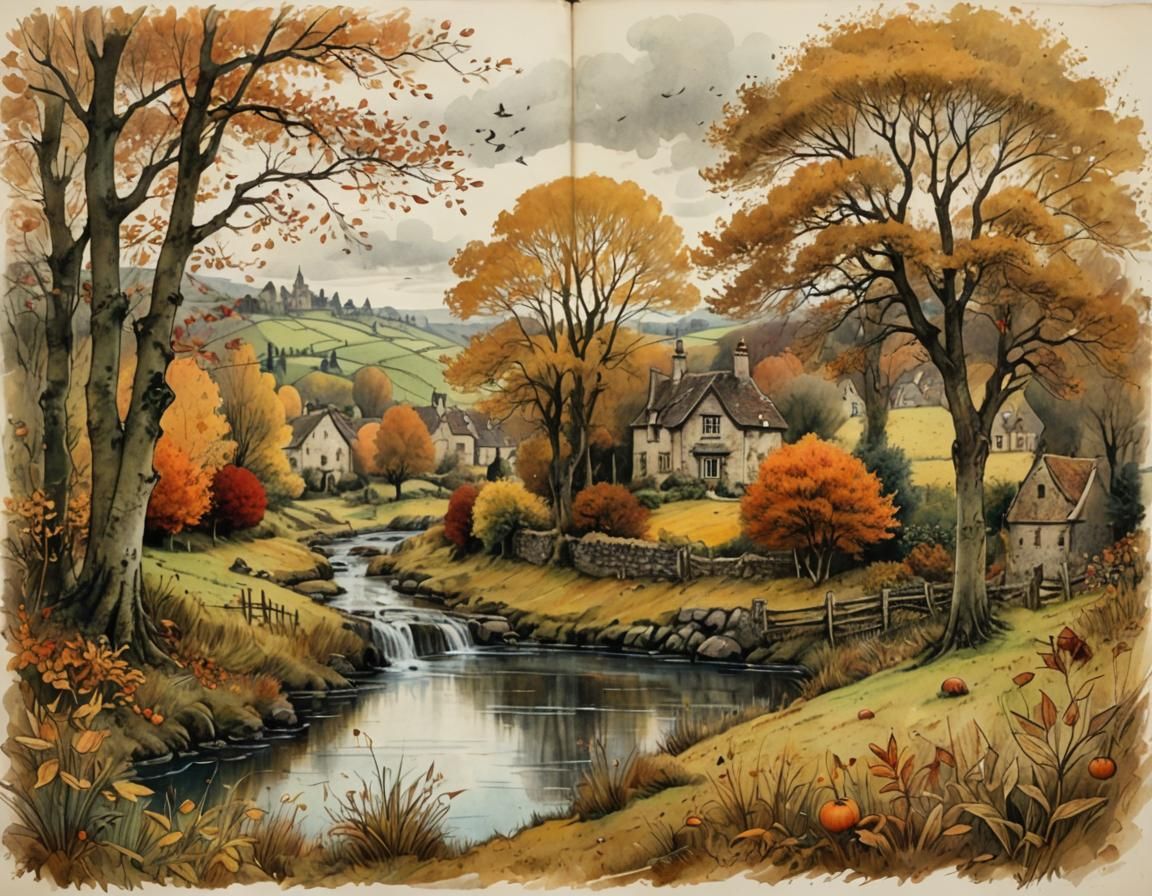 Autumn Scene in Cotswolds as Vintage Sketch