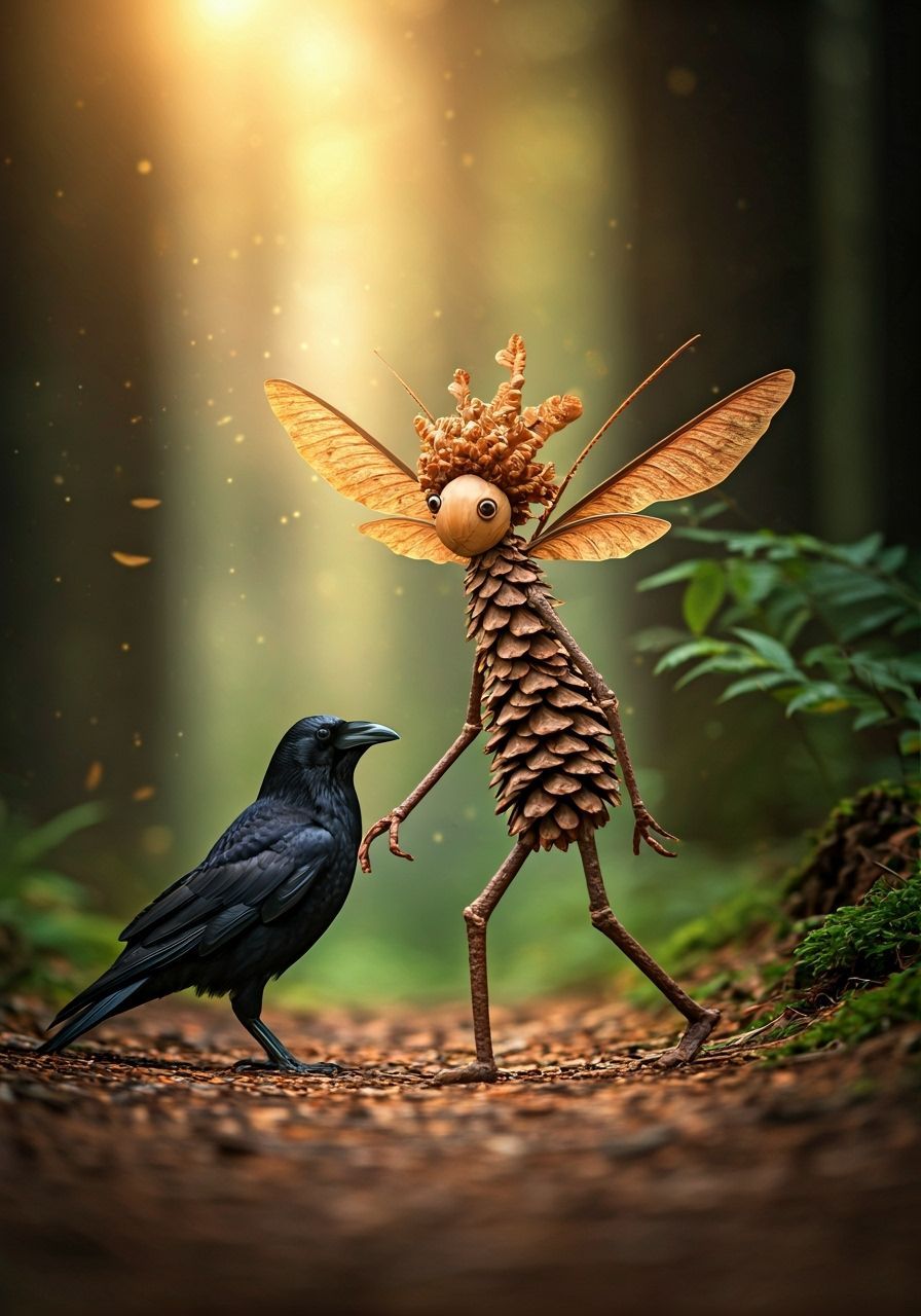 Fae Creature and Crow in Enchanted Forest Sunrise