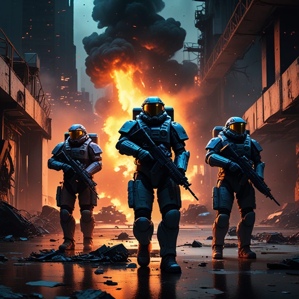 Dystopian Sci-Fi Illustration of Space Marines in Action