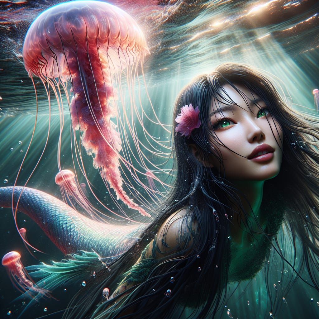 Beautiful Asian Mermaid with Jellyfish in Splash Art Style