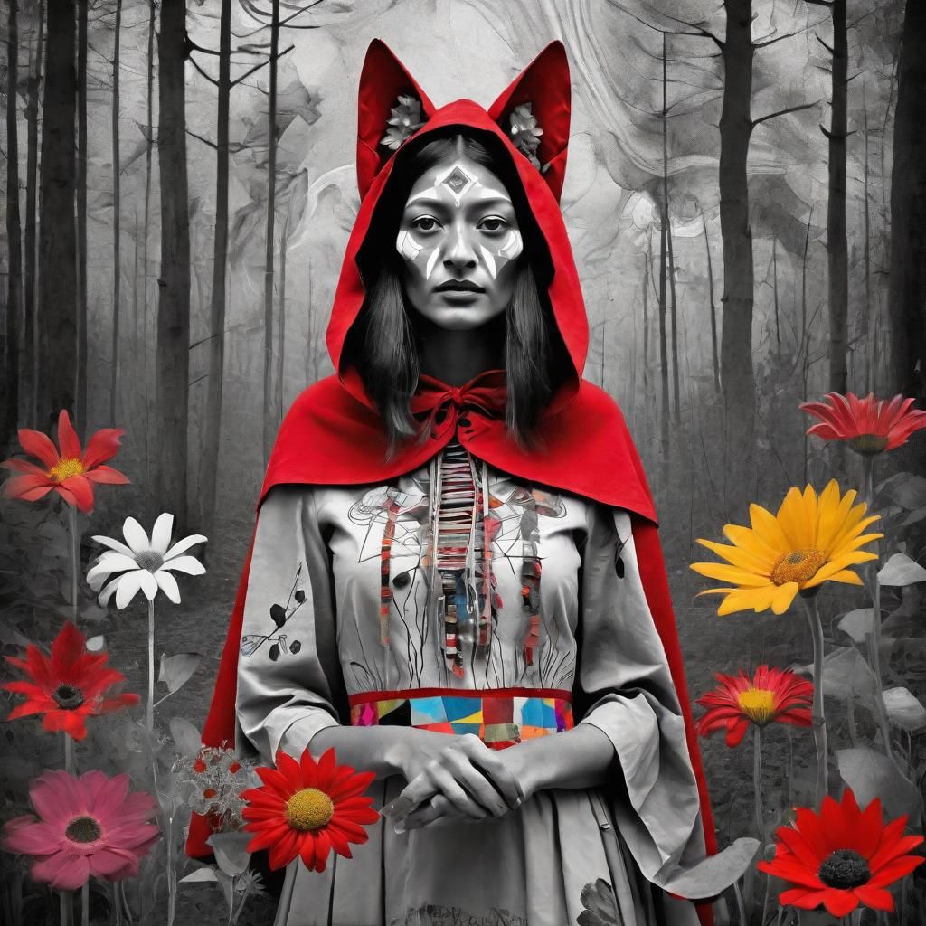 Photrealistic, Double Exposure, Wolf ,forest, Native American Red Riding Hood as a Hand Maid from A Handmaid's Tale, ...