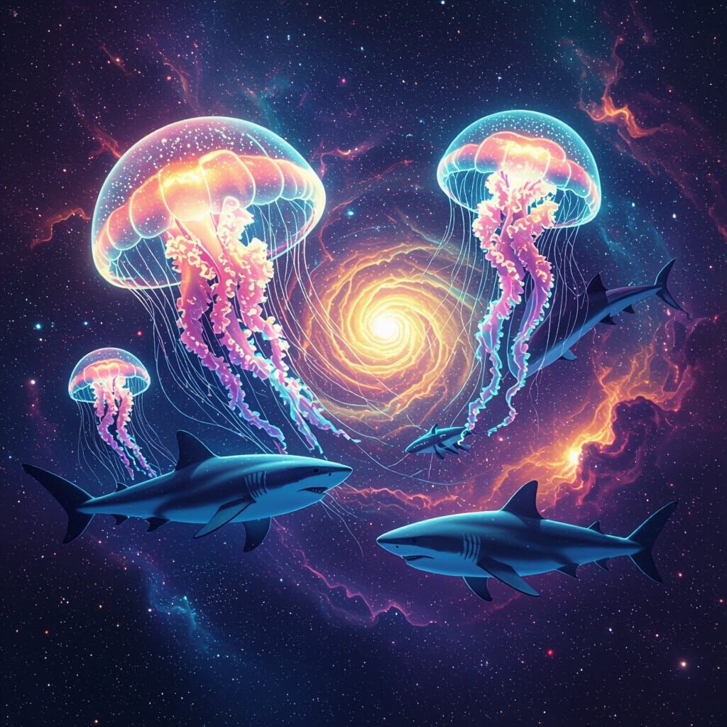 Neon Sea Animals in Cosmic Nebulae