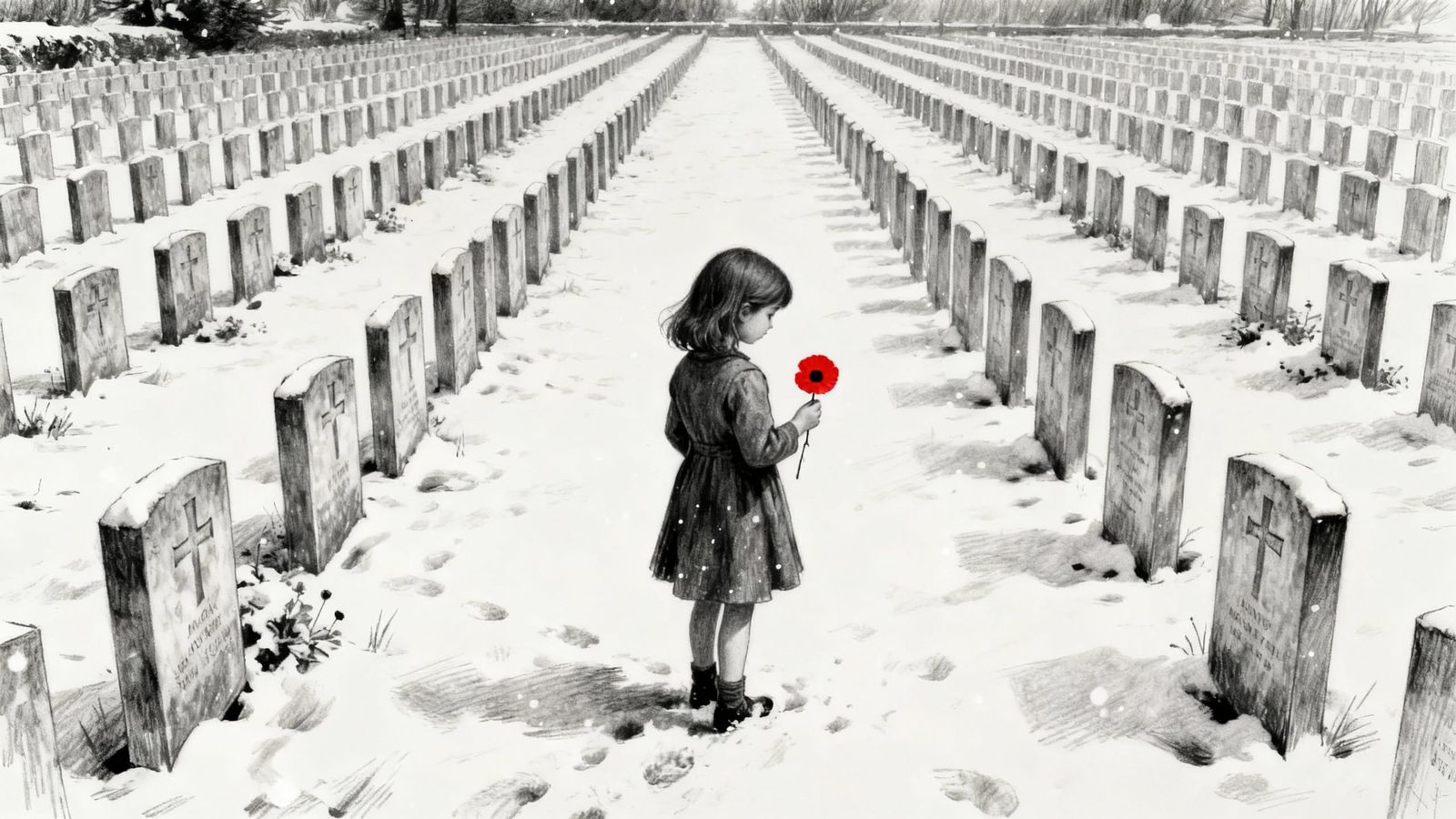 Girl in Snowy Cemetery Holding Poppy Flower