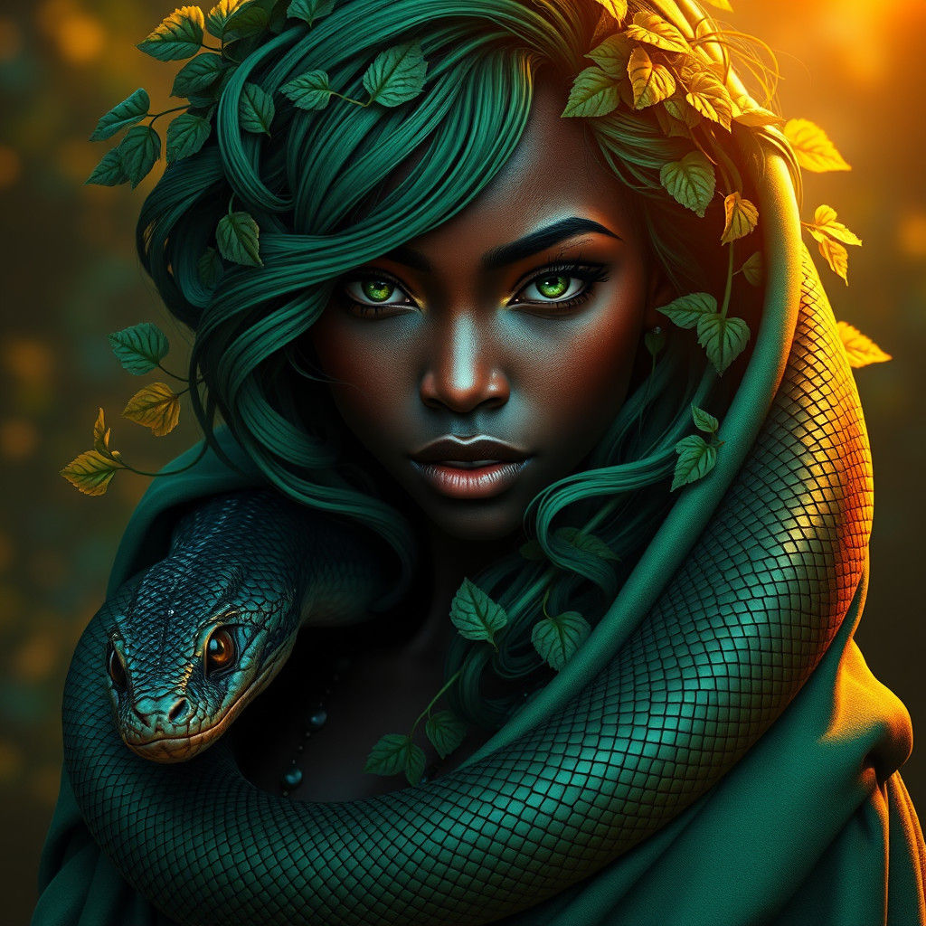 Enchanting Forest Guardian with Serpent, Digital Art