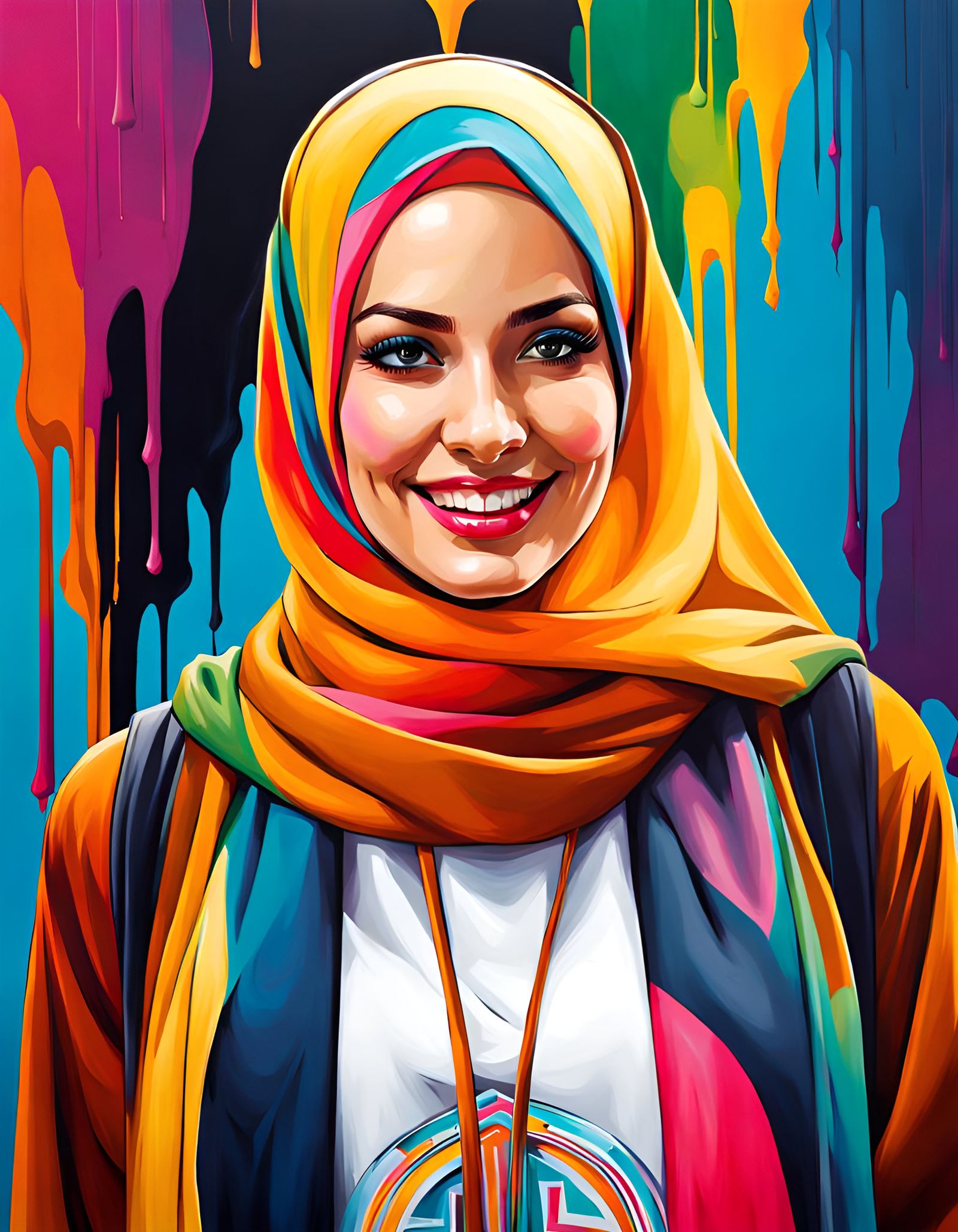 Smiling Hijabi Woman in Colorful Street Art Style