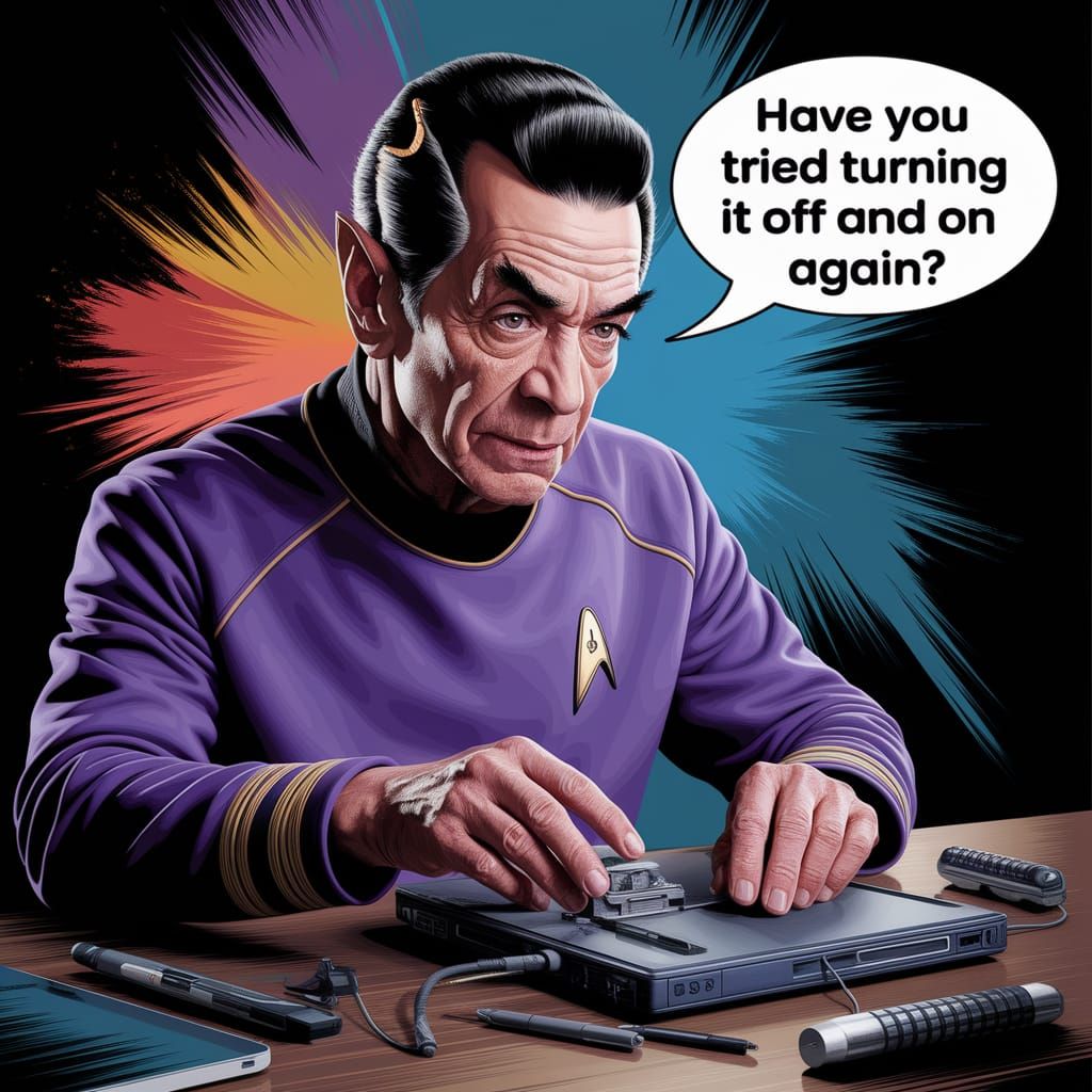 Leonard Nimoy as Mr. Spock Repairs a Notebook in a Digital I...