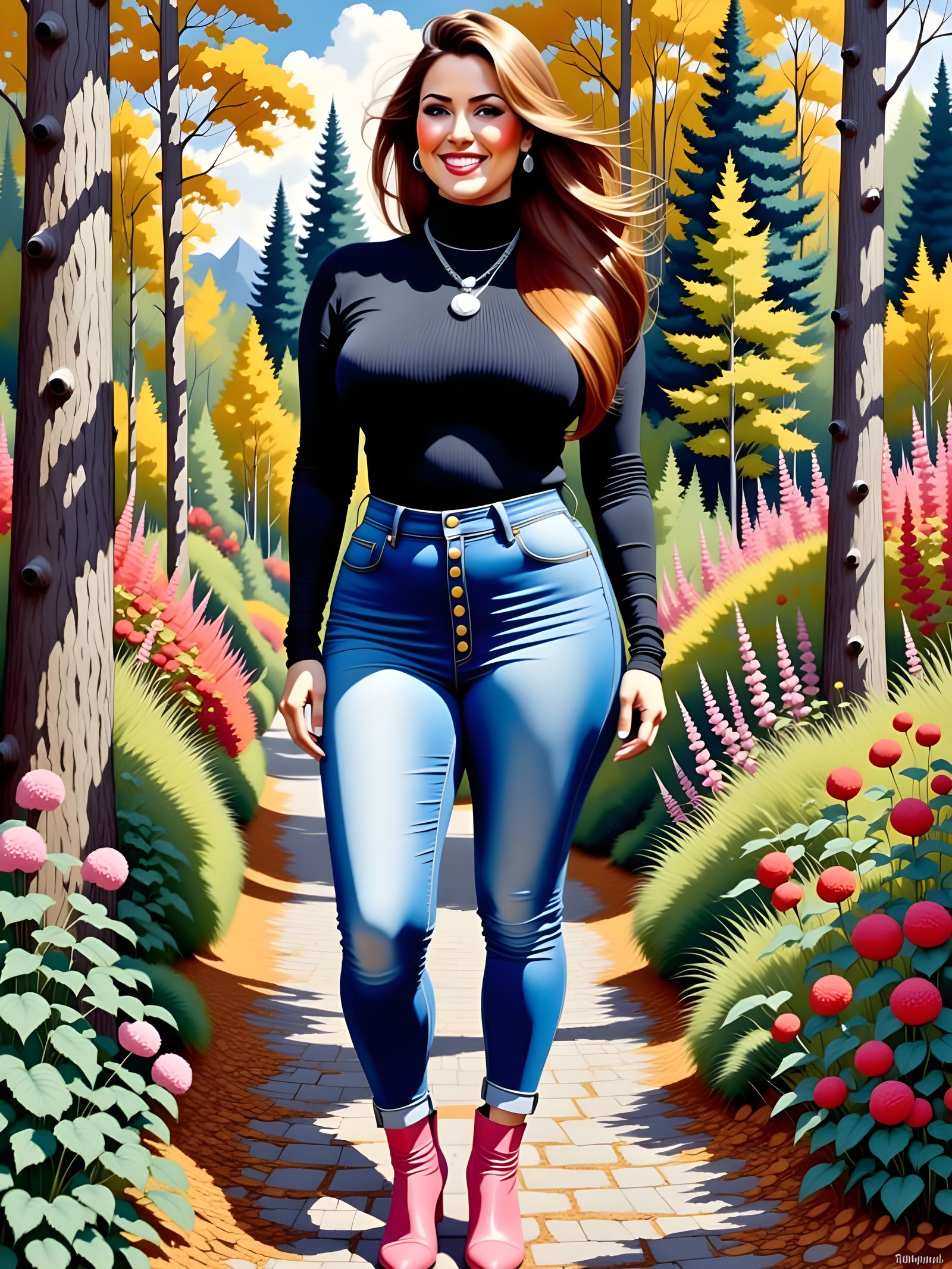 Enticing Woman in Garden as Oil Painting