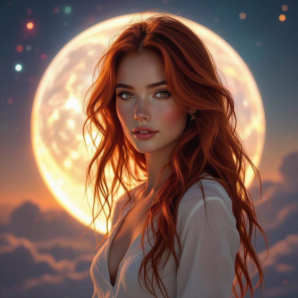 Ethereal Woman Against Cosmic Planet in Sci-Fi Style