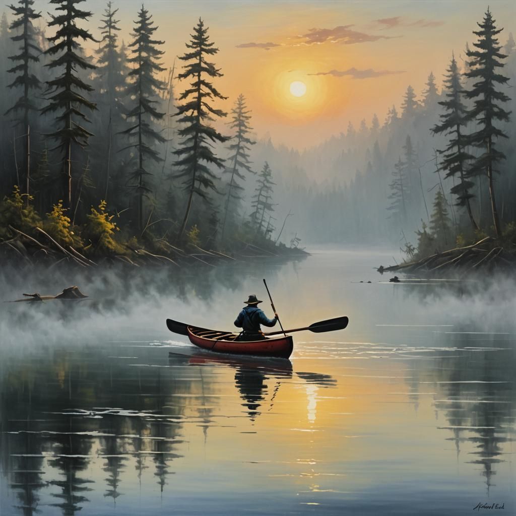 Sinister Sunrise: Canoeist in Misty Oil Painting