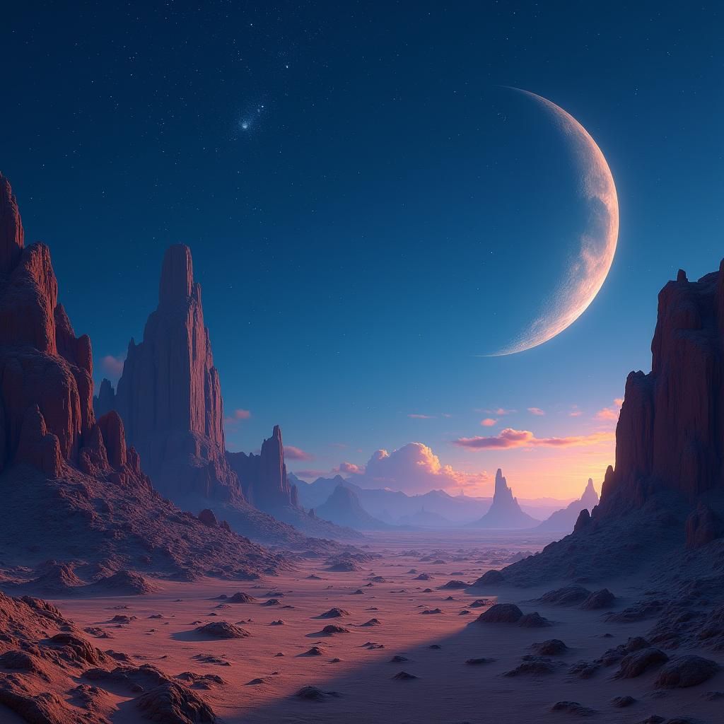 Mystical Desert Landscape at Night in Matte Painting Style