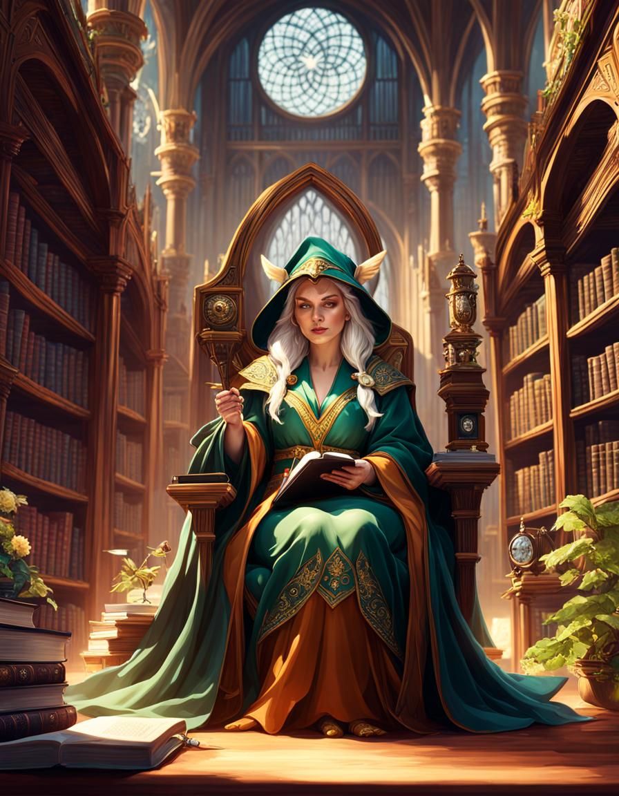 Elf Sorceress Studying in a Library: Fantasy Concept Art