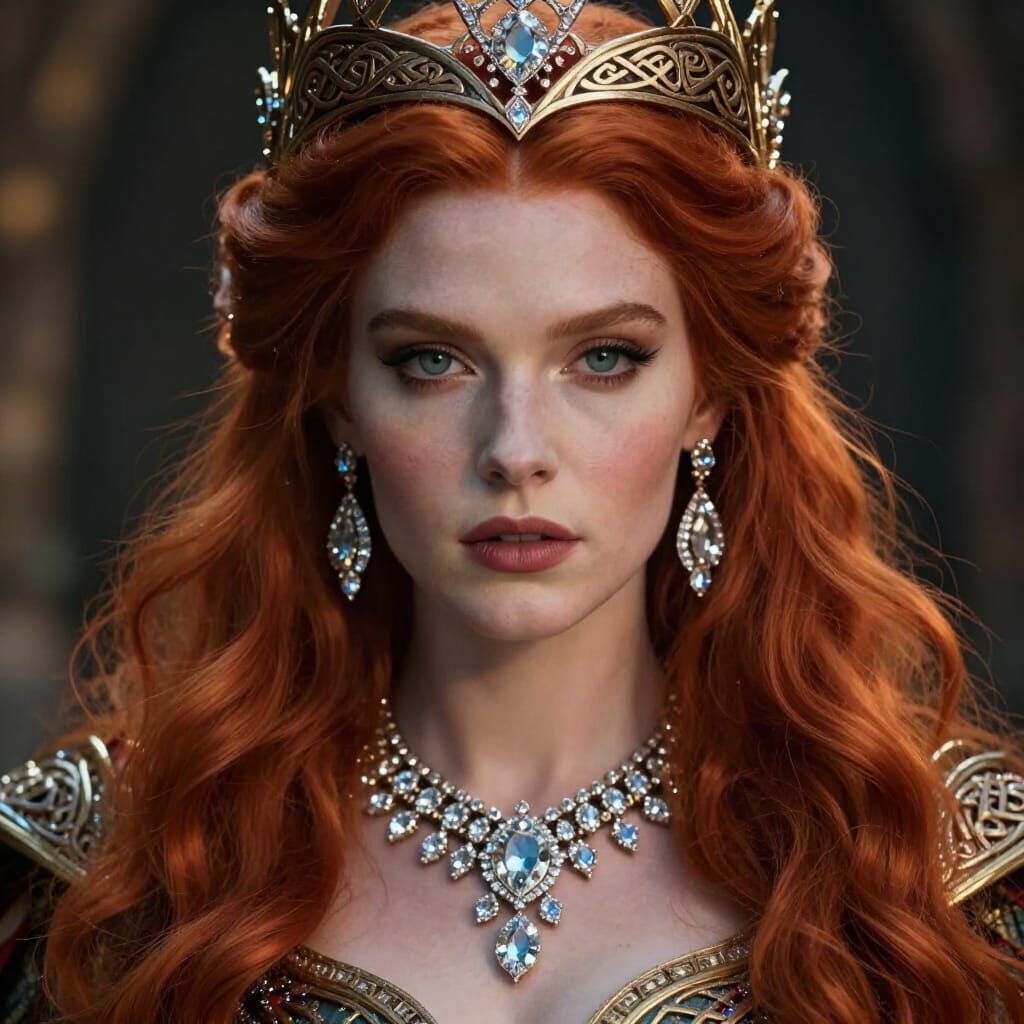 Regal Celtic Queen with Fiery Hair in Majestic Portrait