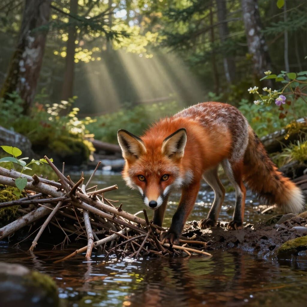 Fox Builds Dam in Acadia National Park Digital Painting