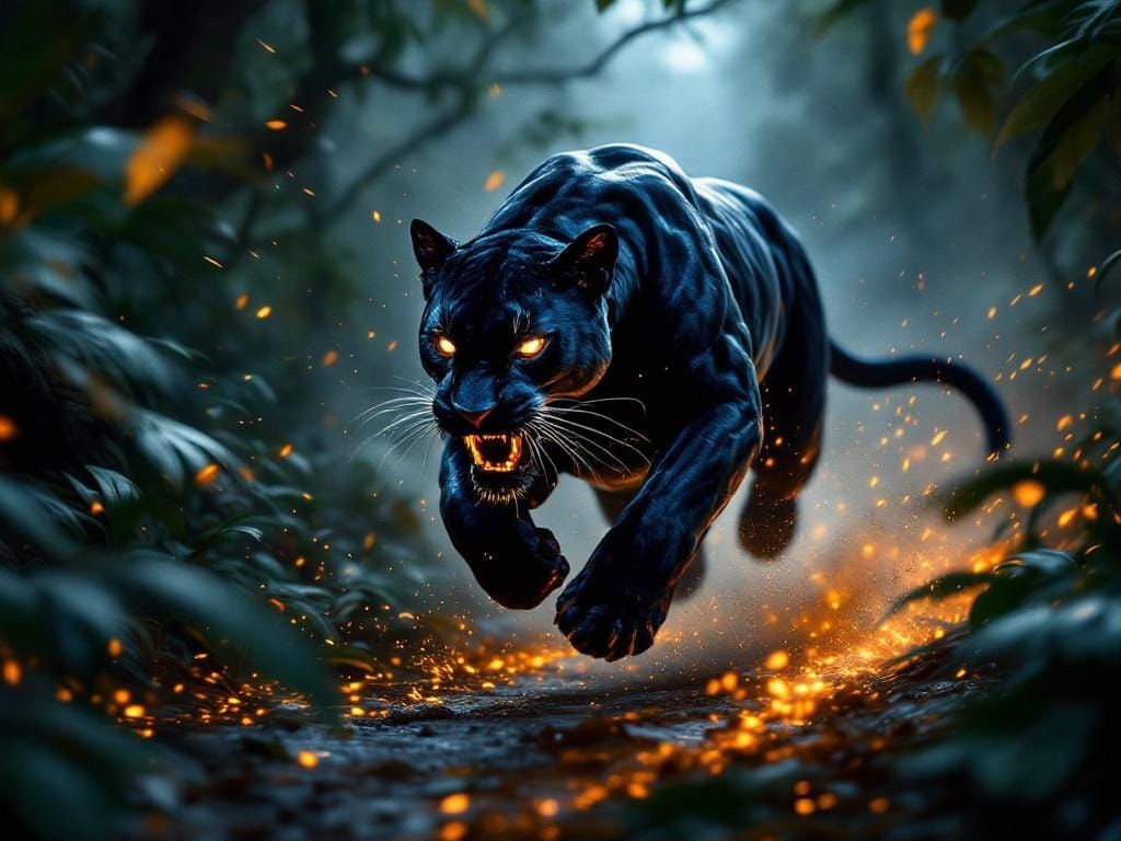 Panther Bursts from Jungle Shadow in Kinetic Motion