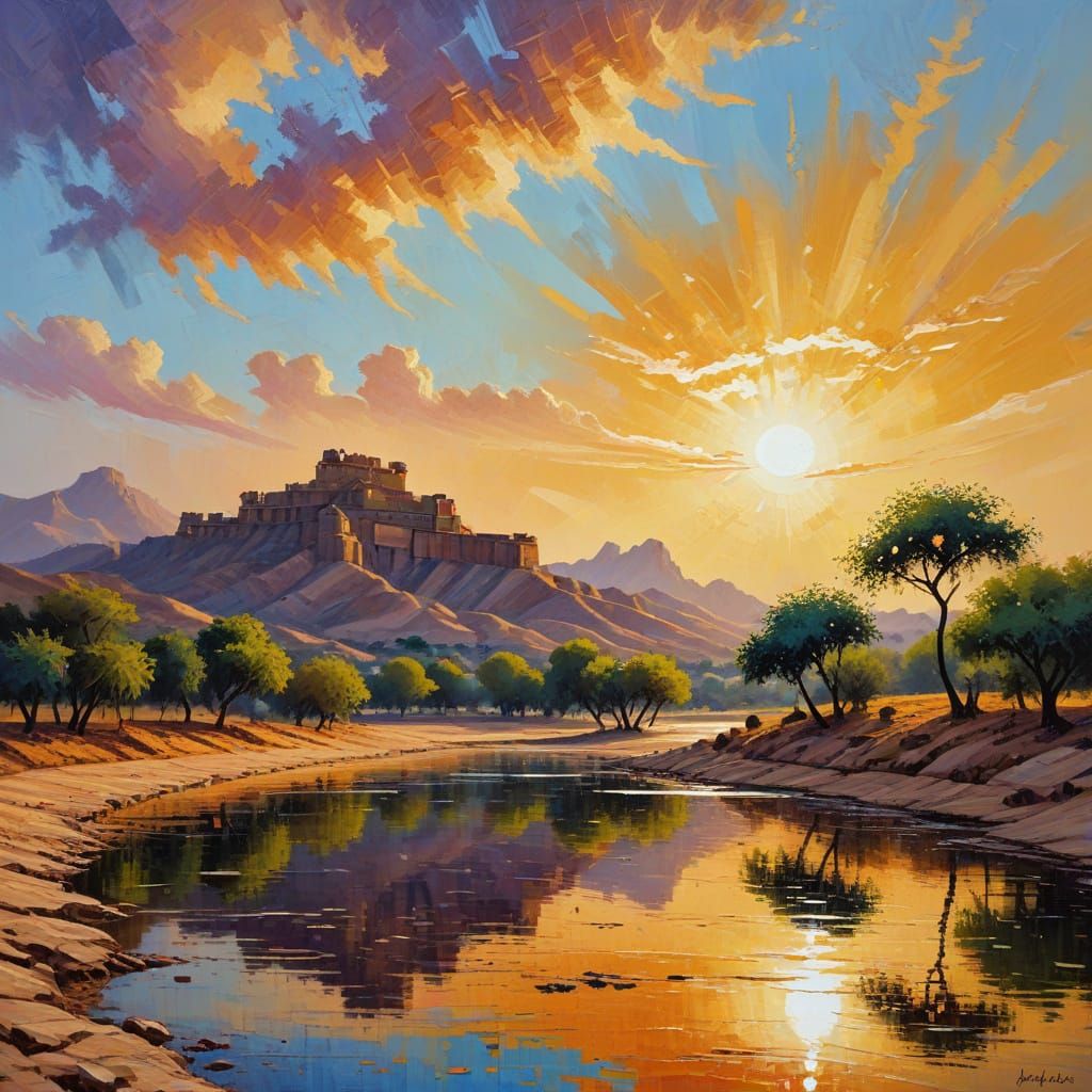 Neo-Impressionist Painting of Gadisar Lake in Golden Hour