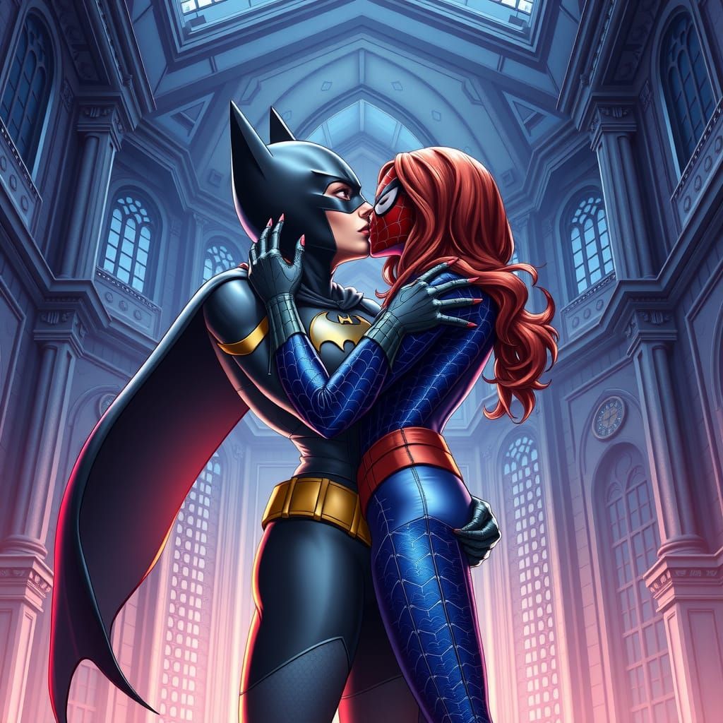 Batgirl Kissing Spiderwoman in Hall of Justice