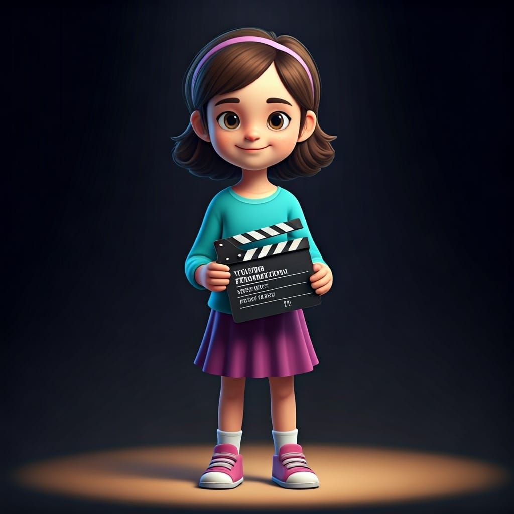 Cute 3D Girl with Clapboard, Pixar Style