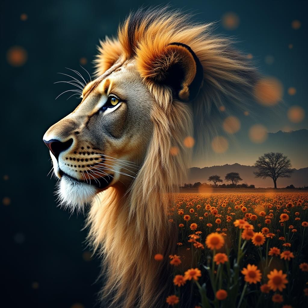 Hyperrealistic Double Exposure: Lion and Savannah Magic