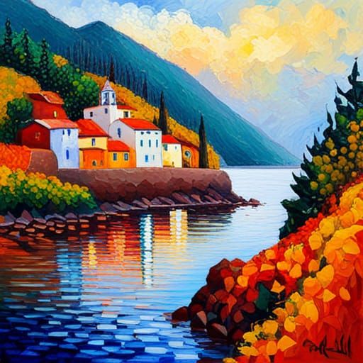 Swimming with Dolphins in Madeira, Neo-Impressionist Oil Pai...