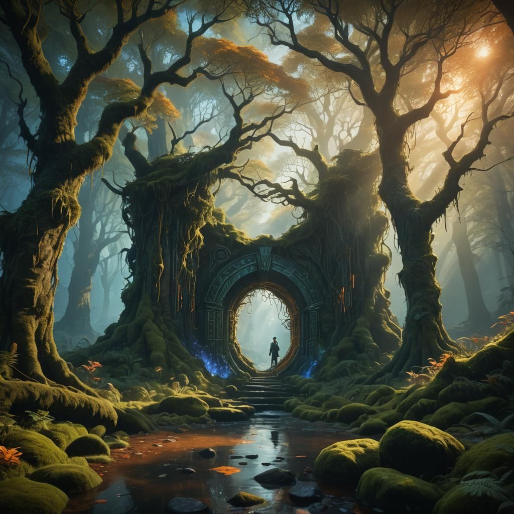 Mysterious Figure Emerges from Forest Portal