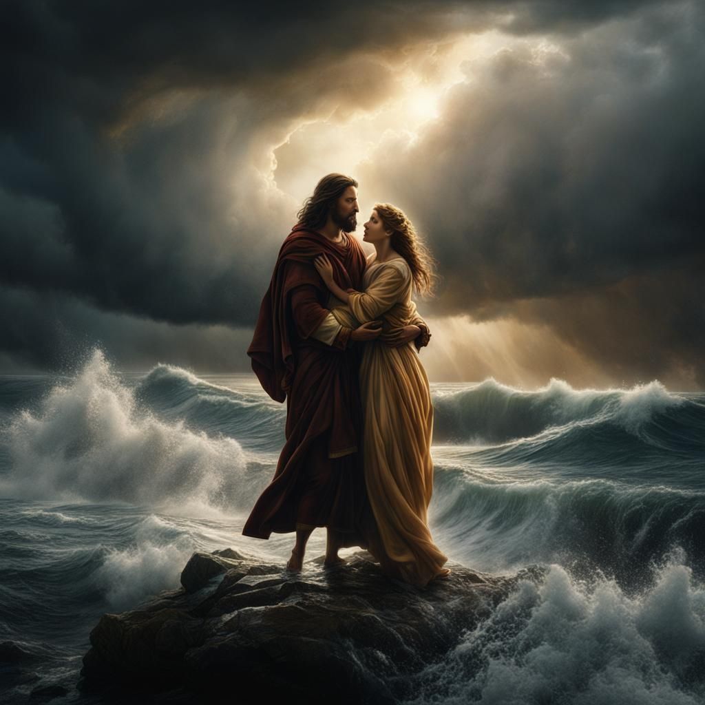 Cinematic Image of Man Carrying Woman in Storm