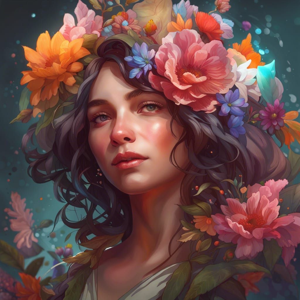 Detailed Flower Woman Portrait in Digital Art Style
