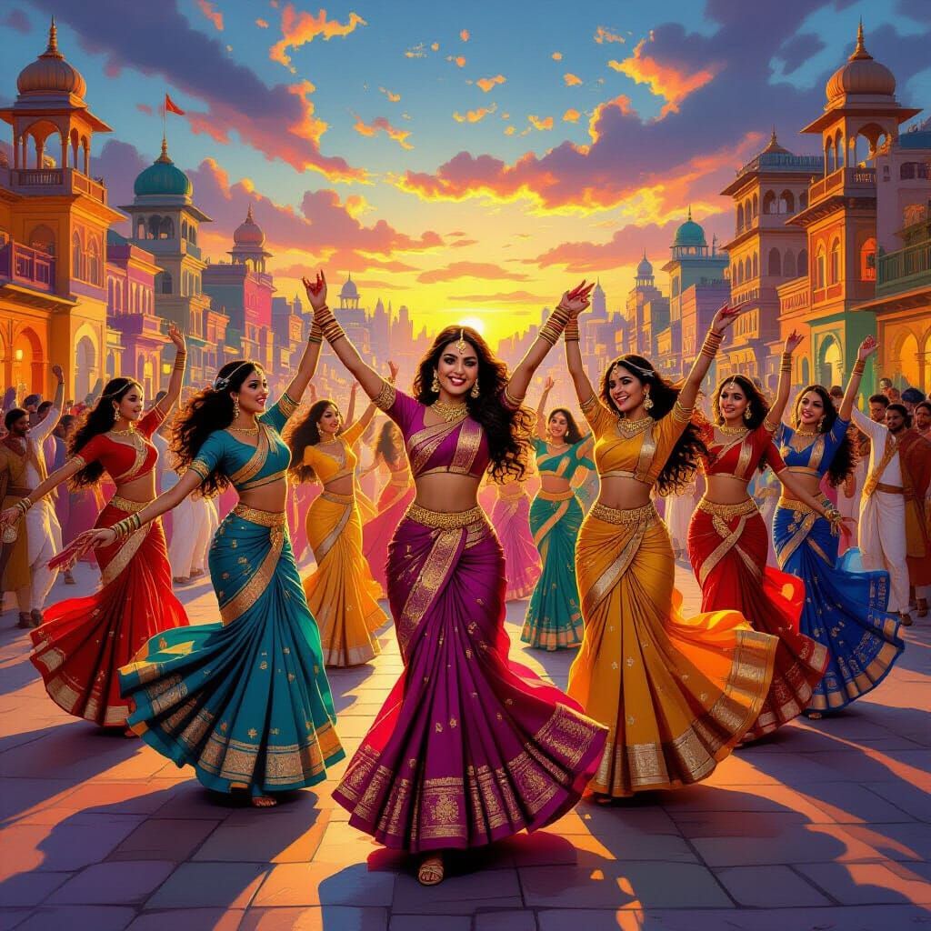 Vibrant Bollywood Dancers in Golden Hour Cityscape