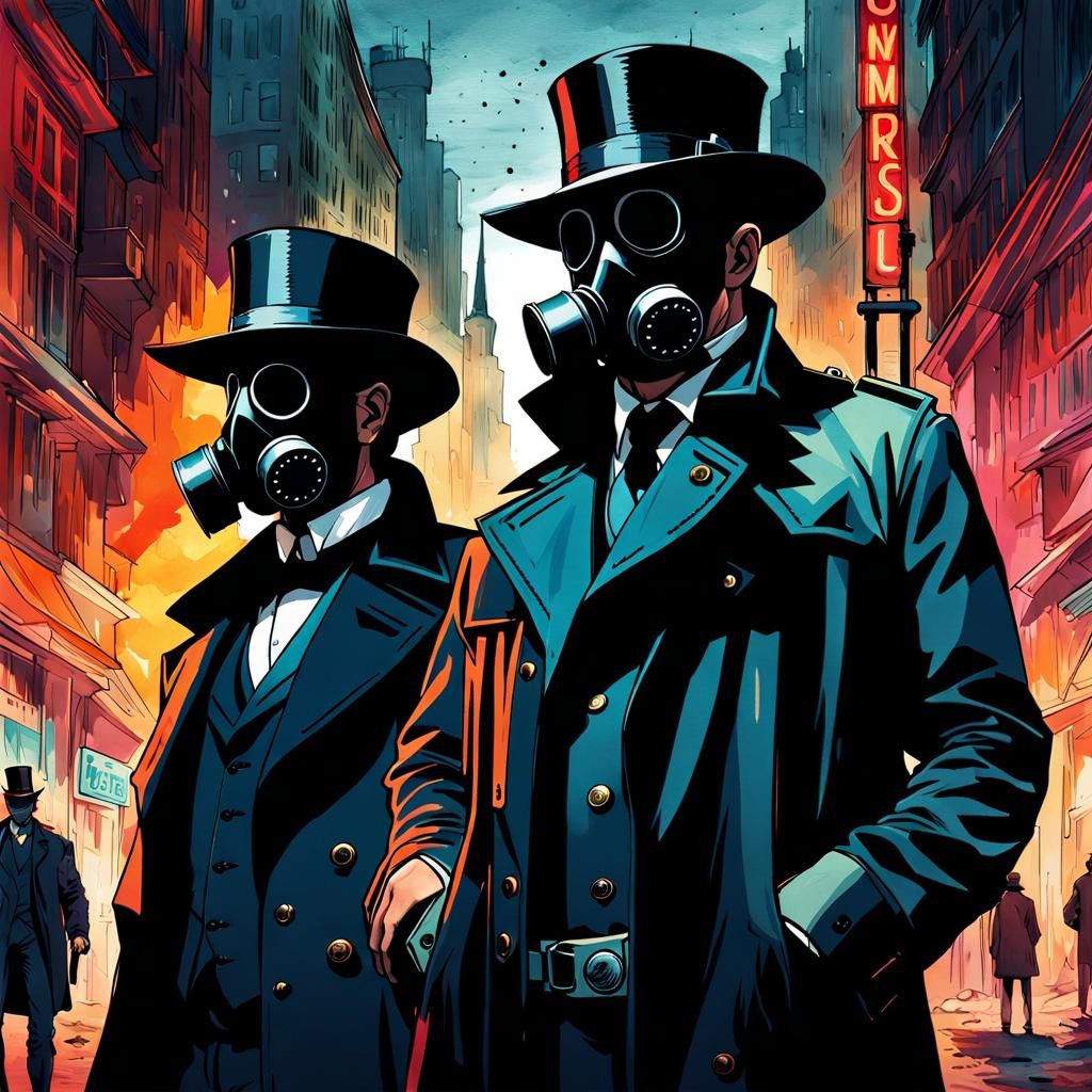 Gas Masked Figures in Cityscape, Watercolor Portrait