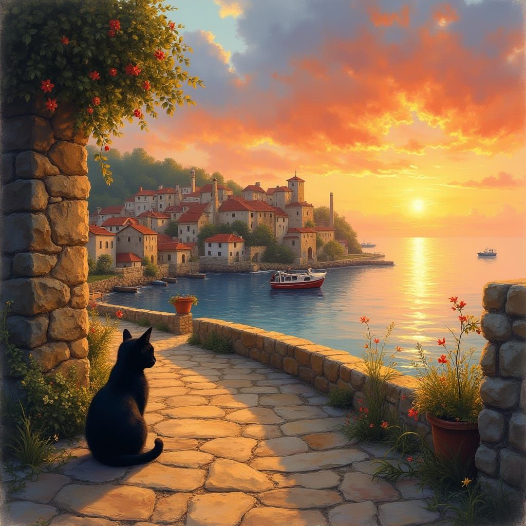 Sunset Seaside Village with Black Cat, Impressionism