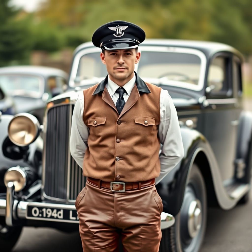 British Chauffeur Poses in Front of Classic 1940s Bentley