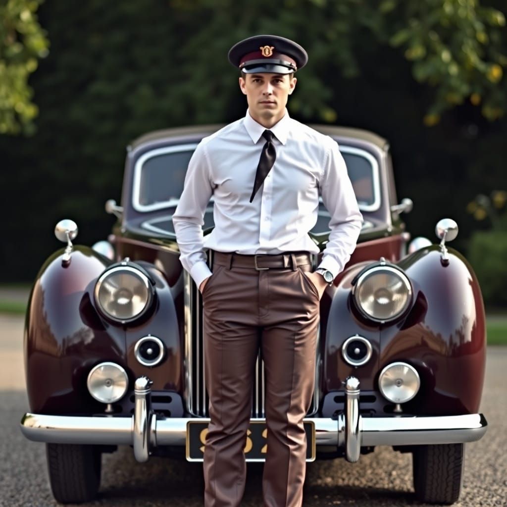 Vintage Chauffeur Stands Before Classic British Bentley