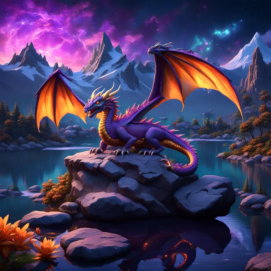 Purple Dragon Gazing at Cosmic Lake in 3D