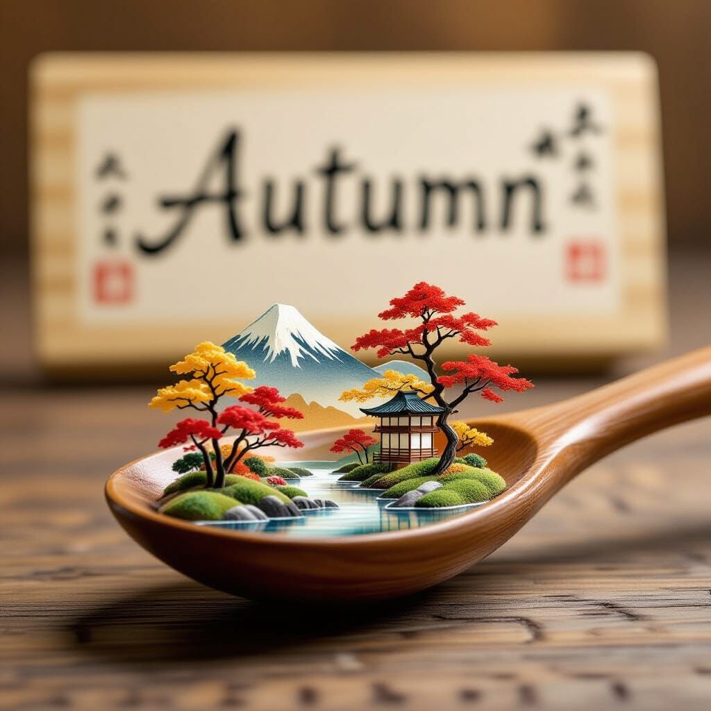 Miniature Japanese Autumn Scene in Spoon, Ukiyo-e Style