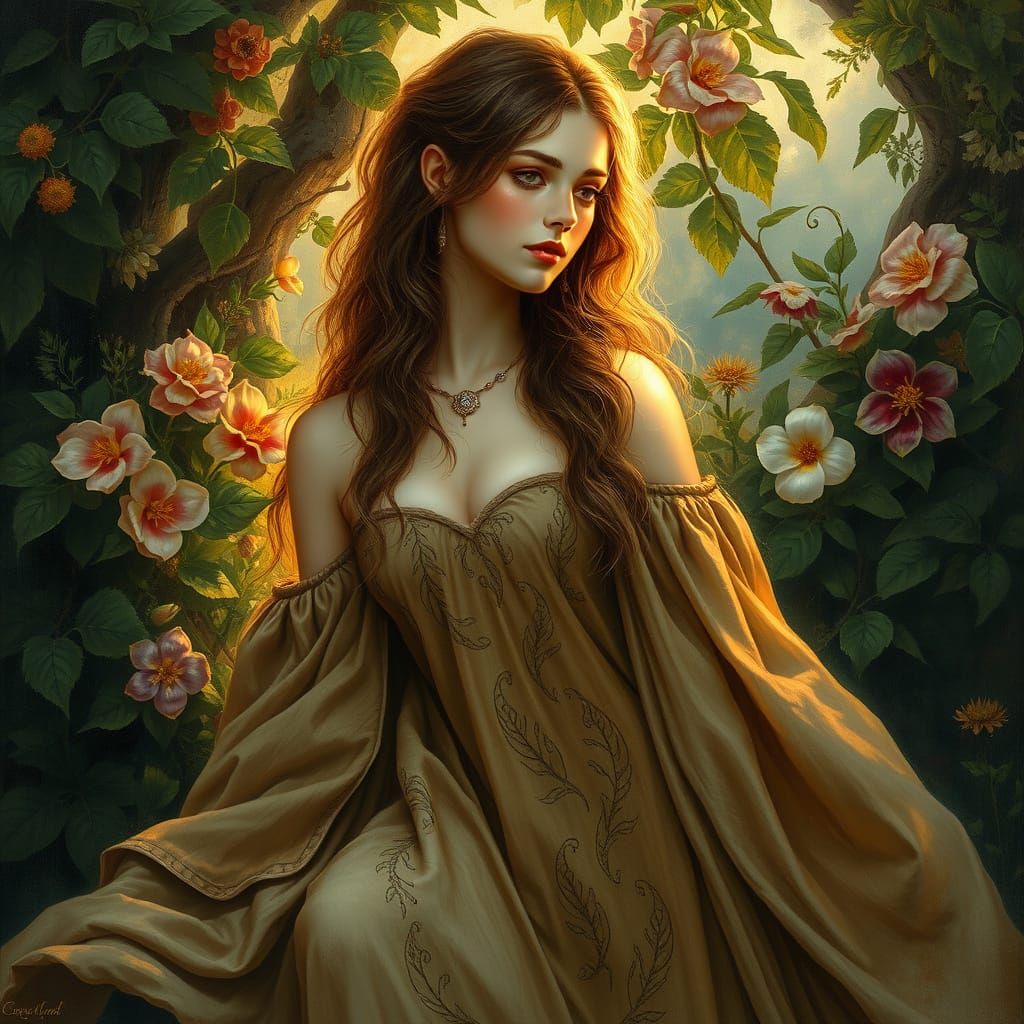 Serene Earth Goddess in Lush Pre-Raphaelite Realism