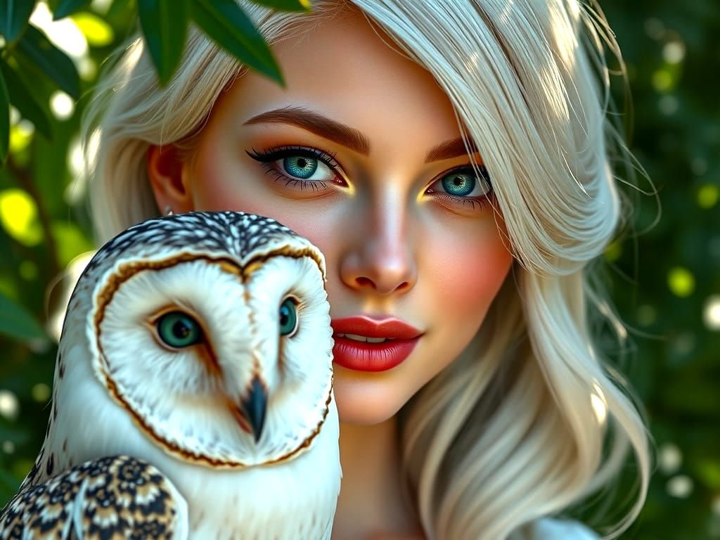 Radiant Young Woman Connects with Wise Barn Owl in Vibrant,...
