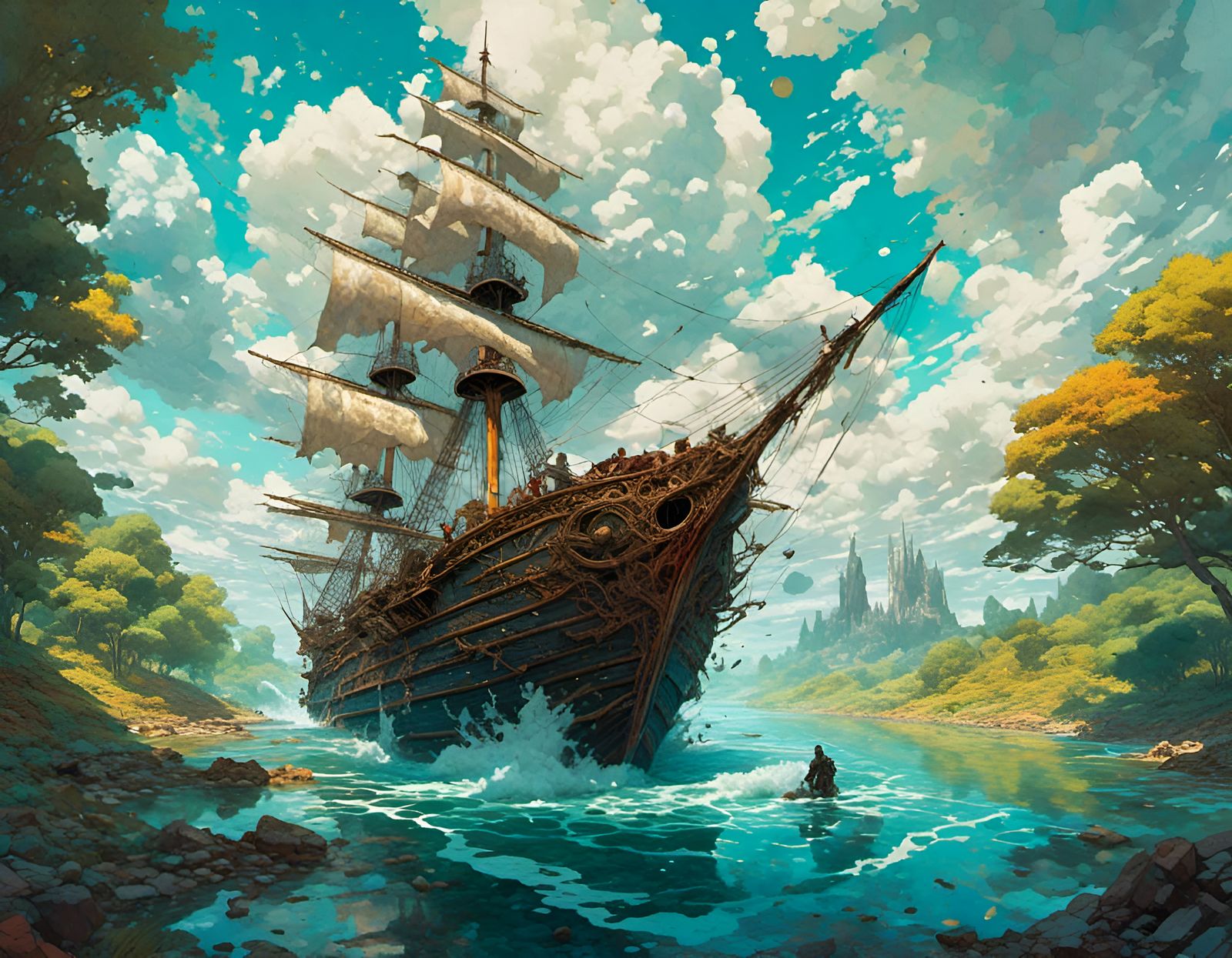 Pirate Ship Watercolor Art by Noah Bradley
