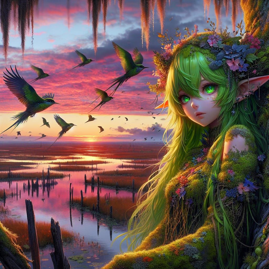 Anime Dryad in Wetland Sunset: Fantasy Concept Art