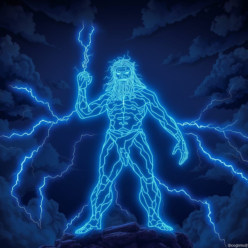 Zeus in Cyberpunk Style Amidst Storm Clouds