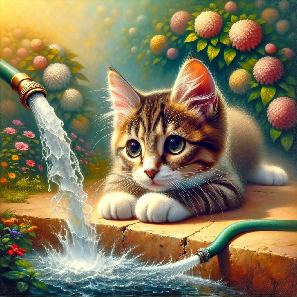 Whimsical Kitten Contemplates Water in a Romantic Landscape