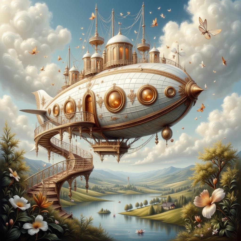 Whimsical Airship Flies Over Scenic Landscape