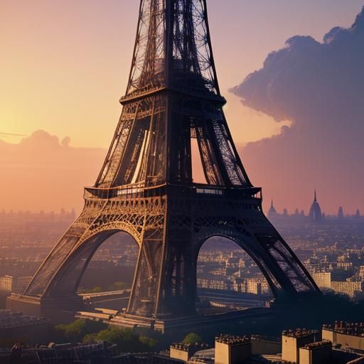 Eiffel Tower at Dusk: Dreamlike Fantasy Concept Art