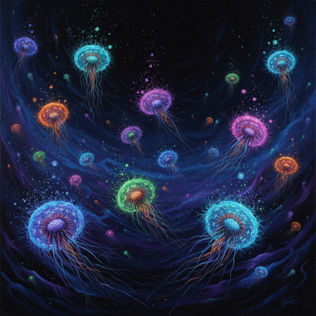 Ethereal Oil Painting of Neon Dandelions as Jellyfish