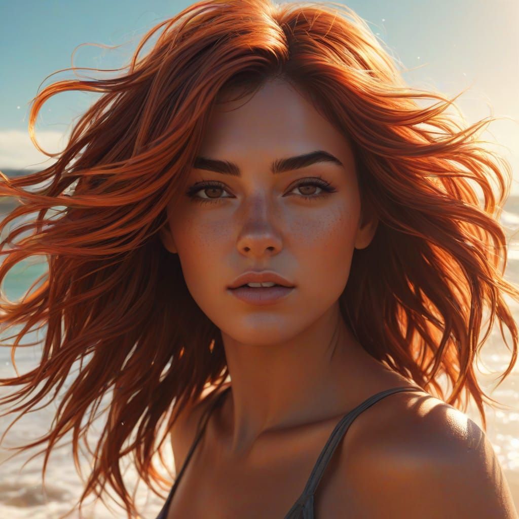 Sun-Kissed Brunette Poses on Beach in Vibrant Digital Art