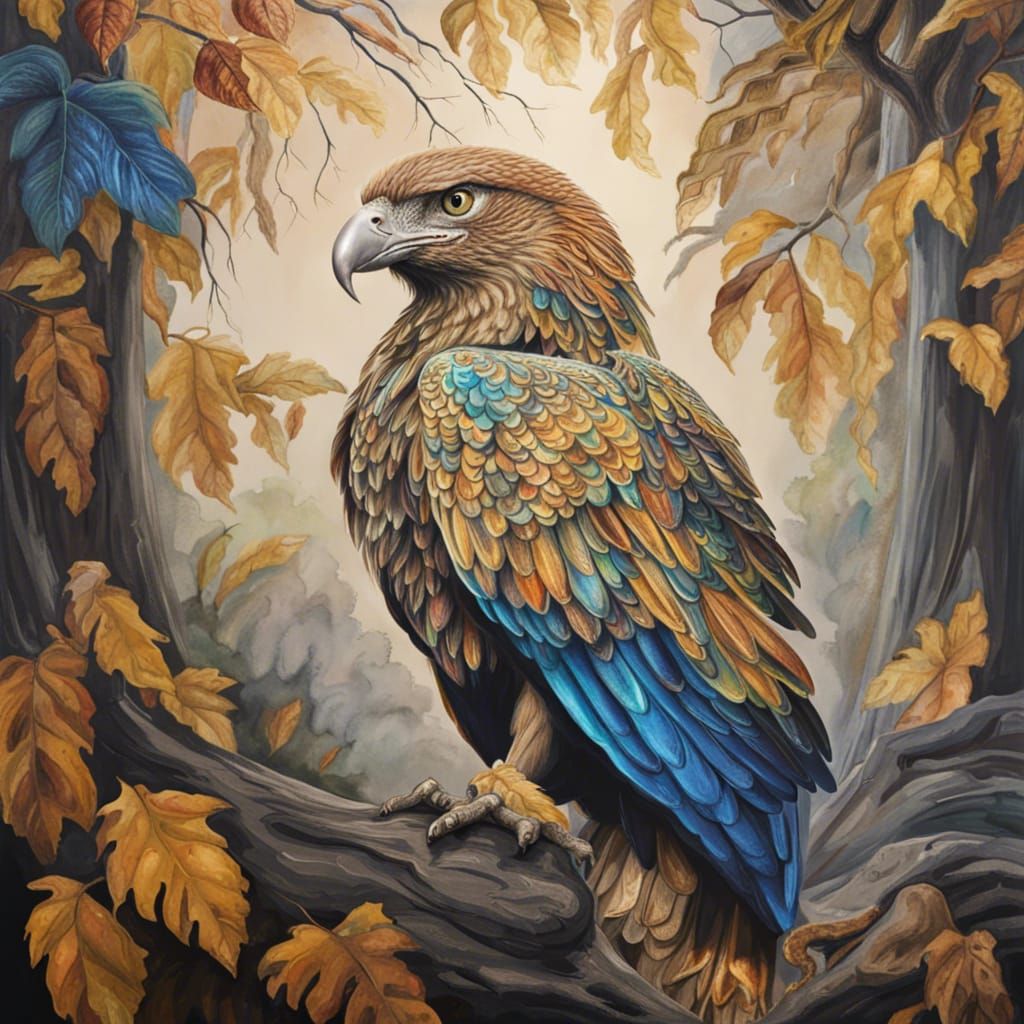 Golden Eagle with Blue Swirls in Charcoal Style