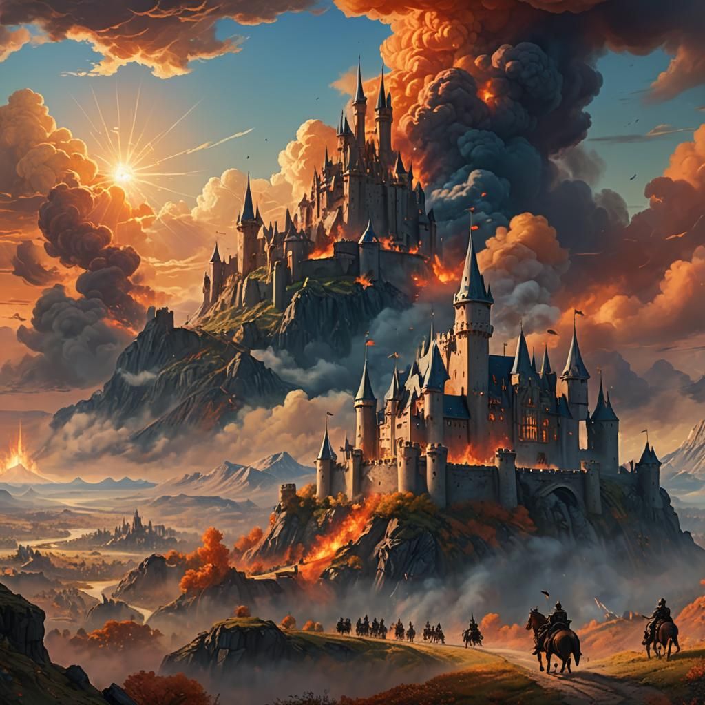 Fantasy Landscape: Cavalry Rushes to Burning Castle