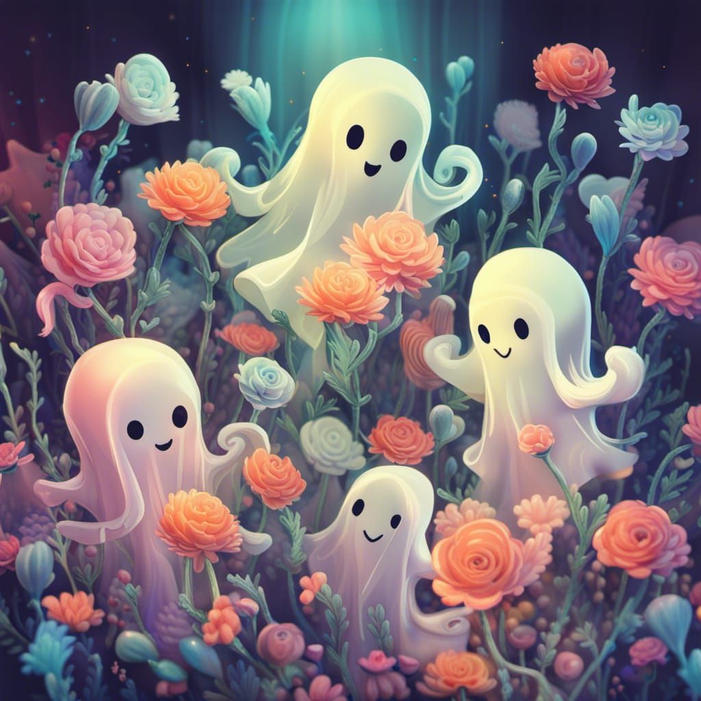 Translucent Ghosts Offering Flowers in Digital Illustration