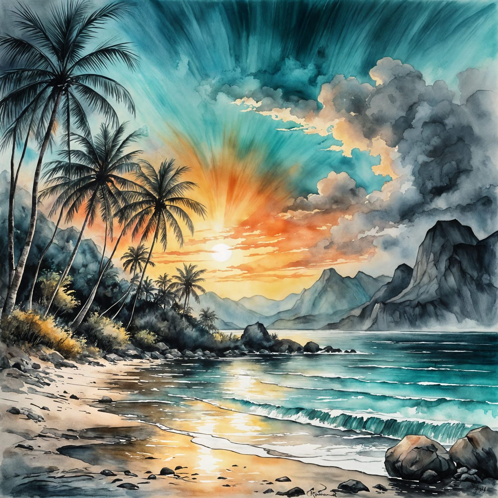 Tropical Beach Sunset in Watercolor Ink Style