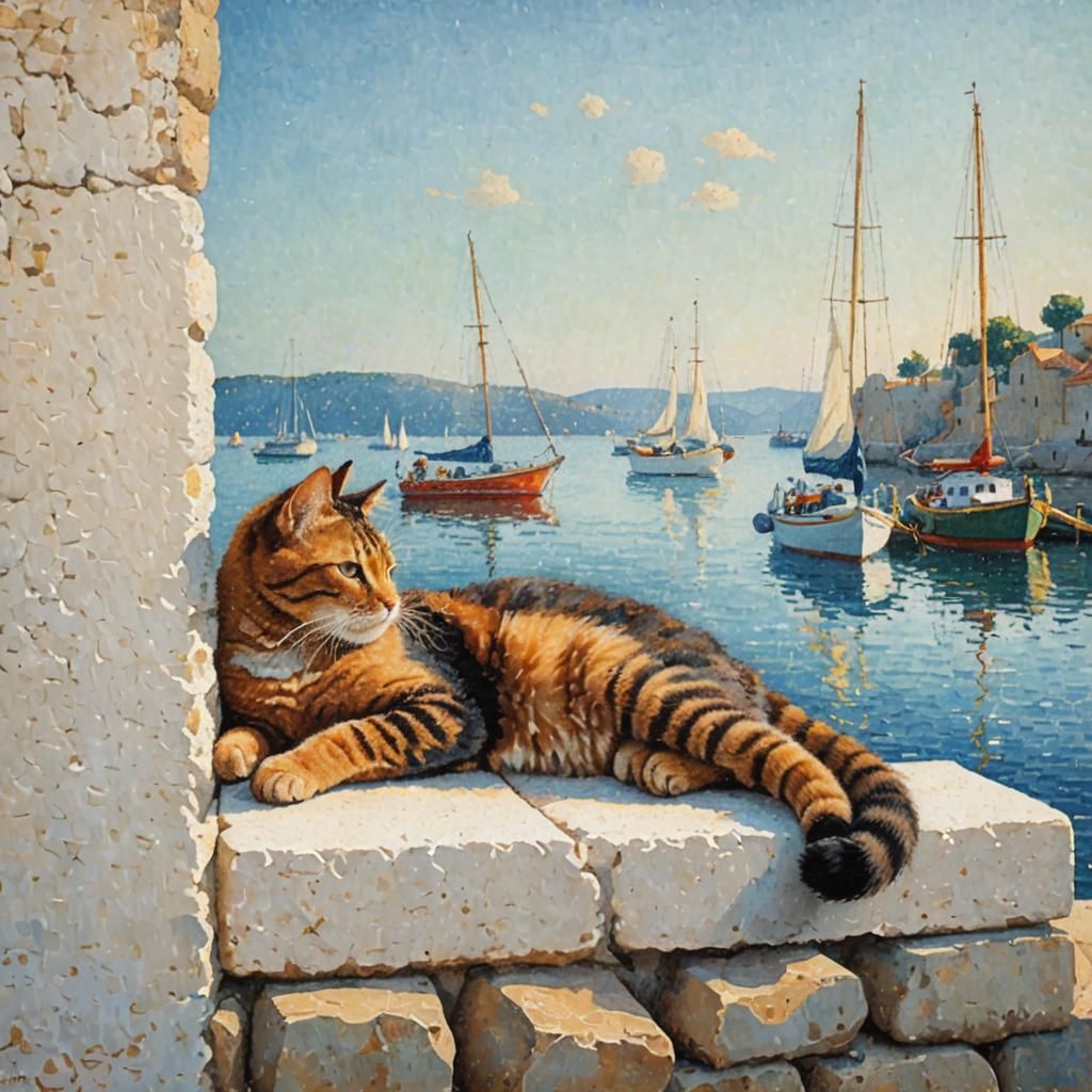 Cat Overlooking Harbour as Pointillism Painting