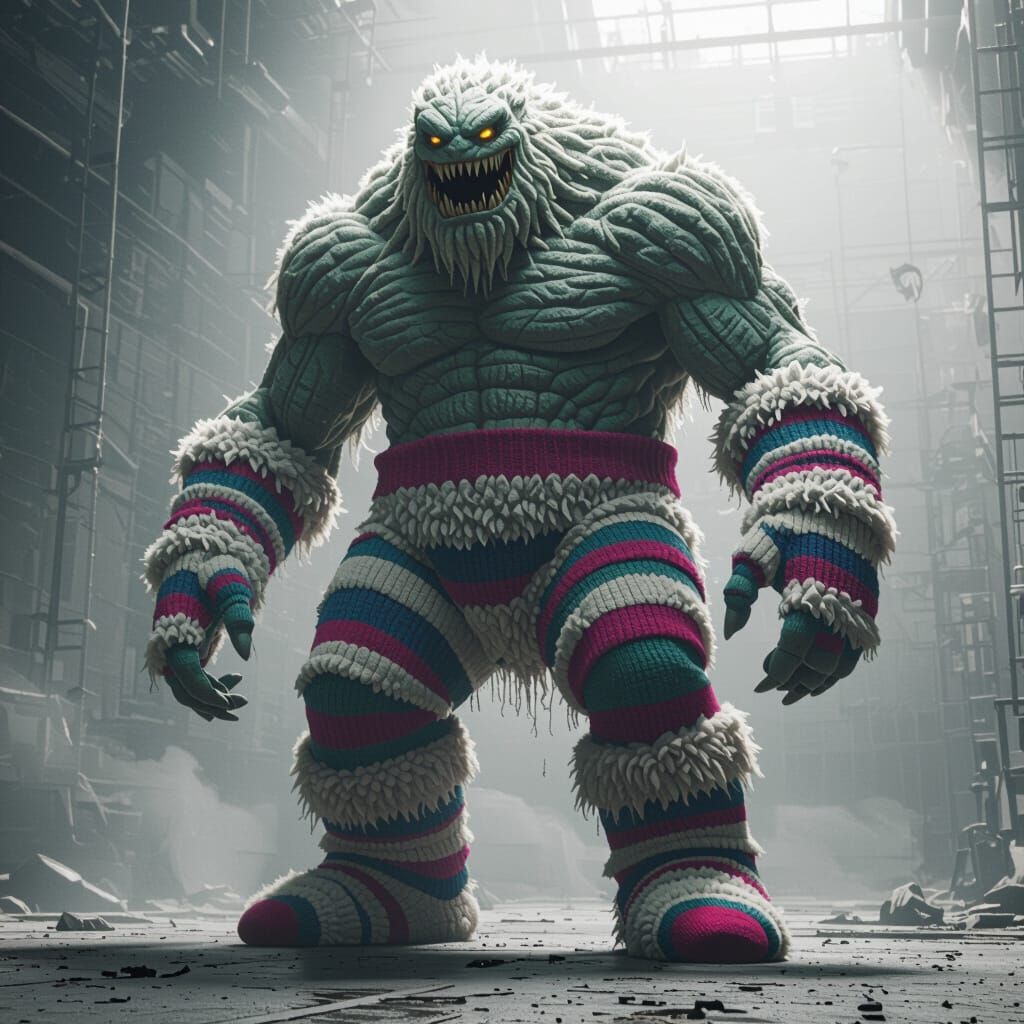 Photorealistic Fuzzy Sock Monster in Dramatic Lighting
